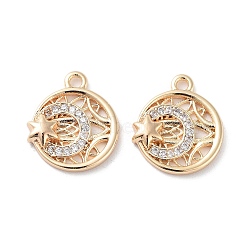 Brass Micro Pave Clear Cubic Zirconia Charms, Flat Round with Star Charm, Real 18K Gold Plated, 12.5x11x2mm, Hole: 1.2mm(KK-F871-44G)