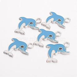Alloy Enamel Pendants, Cadmium Free & Lead Free, Dolphin, Platinum, Deep Sky Blue, about 26.5mm long, 20mm wide, 2mm thick, hole: 2.5mm(EA2908Y-4)