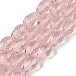 Transparent Glass Beads Strands, Faceted, Teardrop, Misty Rose, 8x6mm, Hole: 1.2mm, about 65~67pcs/strand, 20.08 inch(51cm)(EGLA-N013-T6mm-D18)