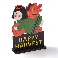 Natural Wood Display Decorations, Word Happy Harvest with Angel, Colorful, 100x40x146mm(DJEW-O001-25)