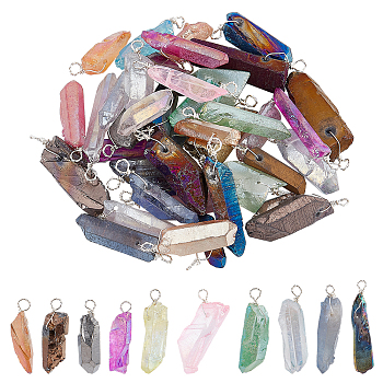 40Pcs Electroplated Natural Quartz Pendants, with Silver Tone Copper Wire Wrapped, Nuggets Charm, Mixed Color, 25~35x4~12x4.5~16mm, Hole: 3.4~4.4mm