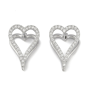 Clear Cubic Zirconia Heart Hoop Earrings, Brass Jewelry for Women, Real Platinum Plated, 19x13mm