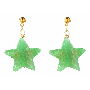 Natural Agate Star Dangle Stud Earrings, with Iron Ball Stud Earring Findings and Brass Ear Nuts, Golden, Green, 1-1/2 inch(38mm), Pin: 0.7mm