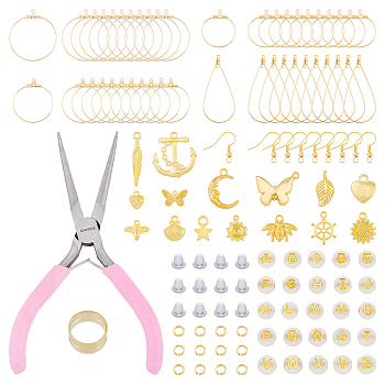 SUPERFINDINGS DIY Earring Making Kit, Including Brass Earring Hooks, Alloy & 304 Stainless Steel Wire Pendants, Acrylic Letter Beads, Pliers, Sun & Star & Butterfly & Bees & Heart & Anchor, Golden, 475Pcs/box