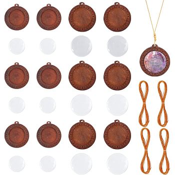 DIY Flat Round Pendant Necklace Making Kit, Including Wood Pendant Cabochon Settings, Glass Cabochons, Camel, 24Pcs/box