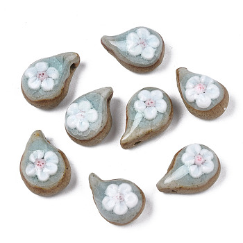 Handmade Porcelain Pendants, Famille Rose Style, Teardrop with Flower, Sky Blue, 18~21x12.5~14x9~12mm, Hole: 1.2~2mm