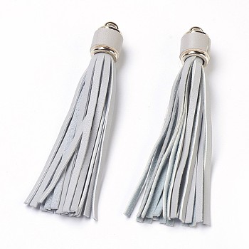 PU Leather Cord Tassel Big Pendants, with Plastic Clasps, Gray, 110~115x15mm, Hole: 4mm