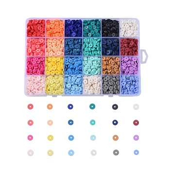 24 Colors Eco-Friendly Handmade Polymer Clay Beads, Disc/Flat Round, Heishi Beads, Mixed Color, 6x1mm, Hole: 2mm, 24colors, about 190~200pcs/color, 4560~4800pcs/box