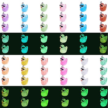 60Pcs 12 Colors Luminous Transparent Resin Pendants, Duck Charms with Glasses, Glow in the Dark, with Stainless Steel Color Tone 304 Stainless Steel Loops, Mixed Color, 19.5x11.5x16mm, Hole: 1.8mm, 5pcs/color
