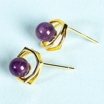 Natural Amethyst Studs Earrings, Jewelry for Women, Golden, 9.8mm