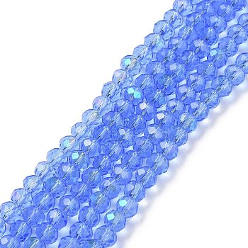 Electroplate Glass Beads Strands, Half Rainbow Plated, Faceted, Rondelle, Cornflower Blue, 4x3mm, Hole: 0.4mm, about 123~127pcs/strand, 16.5~16.9 inch(42~43cm)