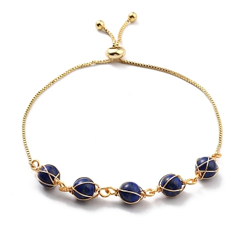 Natural Lapis Lazuli Wrapped Bracelets, Golden Brass Slider Bracelet for Women, Lead Free & Cadmium Free, 10-5/8 inch(27cm)
