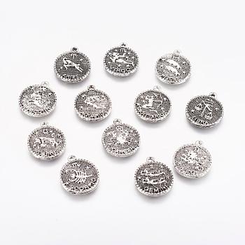 Tibetan Style Alloy Pendants, Flat Round with Constellation/Zodiac Sign, Antique Silver, Mixed, 19x16x2mm, Hole: 1.5mm