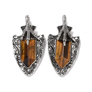 Natural Tiger Eye Faceted Big Pendants, Dragon Claw with Arrow Charms, with Antique Silver Plated Alloy Findings, 55x27.5x10.5mm, Hole: 6mm