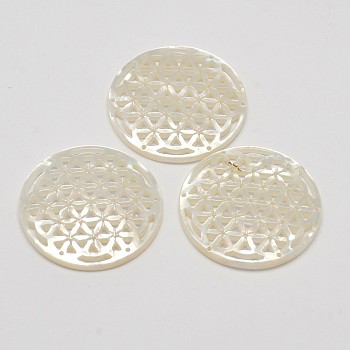 Natural Mother of Pearl Shell Pendants, Flat Round with Flower, White, 29x2.5mm, Hole: 1mm