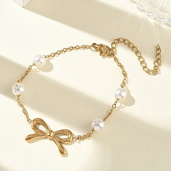 304 Stainless Steel Bowknnot Link Bracelets, with Acrylic Imitation Pearl, PVD Vacuum Plating, White, Golden, 6.30 inch(16cm)