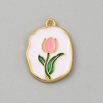 Alloy Enamel Pendants, Oval with Flower, Golden, White, 22x16x2mm, Hole: 1.5mm