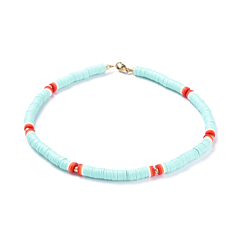 Handmade Polymer Clay Heishi Beads Choker Necklaces, with Brass Spacer Beads and 304 Stainless Steel Findings, Light Sky Blue, 14.1~14.3 inch(36~36.5cm), 6mm