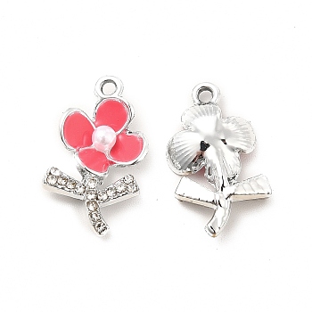 Alloy Rhinestone Enamel Pendants, with ABS Plastic Imitation Pearl Beads, Flower Charms, Platinum, Light Coral, 19.5x11x4mm, Hole: 1.5mm