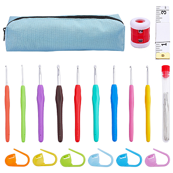 DIY Knitting Tool Kits, include Cloth Pen Case, Aluminum Crochet Hooks, 9Pcs Alloy Yarn Needles, PVC Soft Sewing Tape Measure, Plastic Knitting Counter, 20Pcs Plastic Crochet Stitch Marker, Mixed Color, 140mm