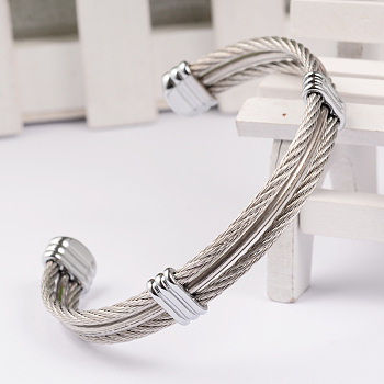 Tarnish Resistant Trendy Men's Torque Bangles, 304 Stainless Steel Rope Cuff Bangles, with Metal Findings, Stainless Steel Color, 64x52mm