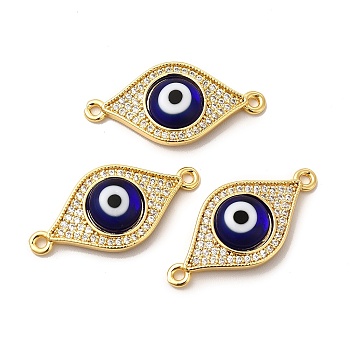 Rack Plating Real 18K Gold Plated Brass Micro Pave Clear Cubic Zirconia Connector Charms, Evil Eye Links with Handmade Lampwork, Cadmium Free & Lead Free, Long-Lasting, Blue, 13x27x4mm, Hole: 1.5mm