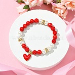 Valentine's Day Natural Dyed Mashan Jade Beaded Stretch Bracelets for Women, with Shell Pearl Beads and Heart Alloy Enamel Charms, Red, 1/4 inch(0.8cm), Inner Diameter: 2-1/4 inch(5.6cm)(X1-BJEW-TA00575)