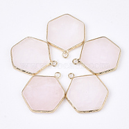 Natural Rose Quartz Pendants, with Brass Findings, Hexagon, Golden, 30~31x24~25x2~3mm, Hole: 2mm(G-S344-89H)