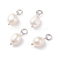 Grade B Natural Cultured Freshwater Pearl Charms, with 304 Stainless Steel Jump Rings, Polished Rice, Platinum, 13.5~15x7~7.5x5~6mm, Hole: 3.6mm(PALLOY-JF01497-02)