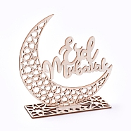 Eid Mubarak Wooden Ornaments, Ramadan Wood Tabletop Decoration, Moon with Word, Blanched Almond, 147x145x3mm(WOOD-D022-A06)
