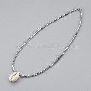 (Jewelry Parties Factory Sale)Cowrie Shell Pendant Necklaces, with Electroplate Non-magnetic Hematite Beads and 304 Stainless Steel Lobster Claw Clasps, Silver, 18.1 inch(46cm)(NJEW-JN02292)