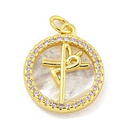 Rack Plating Brass Micro Pave Cubic Zirconia Pendants, with Natural Shell, Cadmium Free & Lead Free, Long-Lasting Plated, Real 18K Gold Plated, Flat Round, 18x15x4mm, Hole: 3mm(KK-G513-84G)