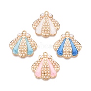 Rack Plating Alloy Enamel Pendants, with ABS Imitation Pearl, Cadmium Free & Nickel Free & Lead Free, Light Gold, Shell Charm, Mixed Color, 25x24x5mm, Hole: 1.8mm(ENAM-N056-367KCG)