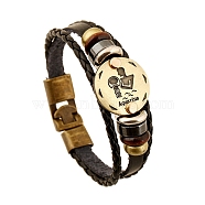 Braided Cowhide Cord Multi-Strand Bracelets, Constellation Bracelet for Men, with Wood Bead & Alloy Clasp, Aquarius, 7-7/8~8-1/2 inch(20~21.5cm) (PW-WG49322-12)