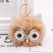 Pom Pom Ball Keychain, with KC Gold Tone Plated Alloy Lobster Claw Clasps, Iron Key Ring and Chain, Owl, Sandy Brown, 12cm(KEYC-PW0002-033D)