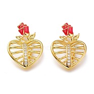 Brass Micro Pave Clear Cubic Zirconia Pendants, with Red Enamel, Long-Lasting Plated, Heart with Rose, Real 18K Gold Plated, 23x17x3.5mm, Hole: 4x2mm(KK-J278-04G)