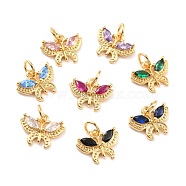 Real 18K Gold Plated Brass Micro Pave Cubic Zirconia Charms, Cadmium Free & Nickel Free & Lead Free, Butterfly, Mixed Color, 10.5x13.5x2.5mm, Jump Ring: 5x1mm, Inner Diameter: 3.5mm(ZIRC-Z023-05)