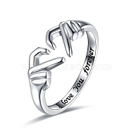Alloy Hand Heart Open Cuff Ring, Word I Love You Forever Rnig for Valentine's Day, Platinum, Wide: 7.5mm(PW-WG27931-02)