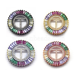 Brass Micro Pave Cubic Zirconia Pendants, Multi-strand Links, Flat Round with Letter.T, Colorful, Mixed Color, 28.5~29x5mm, Hole: 1.5mm(ZIRC-E156-T)