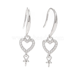 Anti-Tarnish Rhodium Plated 925 Sterling Silver Earring Hooks, with Clear Cubic Zirconia, Heart, for Half Drilled Beads, Platinum, 30mm, 21 Gauge, Pin: 0.7mm and 0.6mm, Tray: 6x3mm(STER-D035-30P)