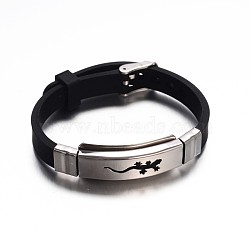 Jewelry Black Color Rubber Cord Bracelets, with 304 Stainless Steel Findings and Watch Band Clasps, Rectangle with Gecko, Stainless Steel Color, 225x10mm(BJEW-G468-20)