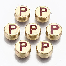 Alloy Enamel Beads, Cadmium Free & Lead Free, Flat Round with Initial Letters, Light Gold, Brown, Letter.P, 8x4mm, Hole: 1.5mm(X-ENAM-S122-029P-RS)