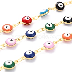 Handmade Golden Brass Enamel Link Chains, with Spool, Soldered, Long-Lasting Plated, Flat Round with Evil Eye , Colorful, 12x6.5x4mm, 32.8 Feet(10m)/roll(CHC-I038-09G)