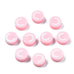 Handmade Polymer Clay Beads, Flat Round with Alphabet, Pink, Letter.C, 9x3.5~5mm, Hole: 1.6mm(CLAY-N011-031C)