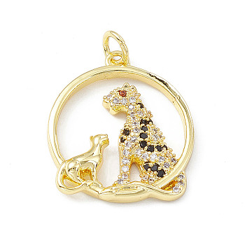 Brass Micro Pave Cubic Zirconia Pendants, Ring with Leopard/Cheetah Charm, Golden, 22.5x19.5x3.5mm, Hole: 3mm
