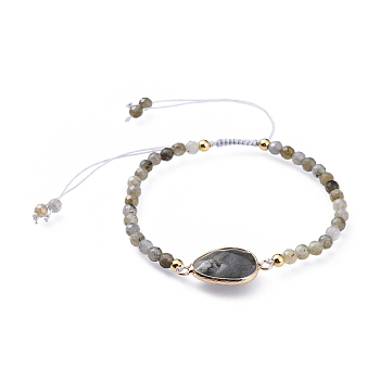 Adjustable Natural Labradorite Braided Bead Bracelets, with Brass Findings, Faceted, 2-1/8 inch(5.4cm)