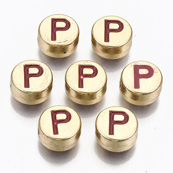 Alloy Enamel Beads, Cadmium Free & Lead Free, Flat Round with Initial Letters, Light Gold, Brown, Letter.P, 8x4mm, Hole: 1.5mm