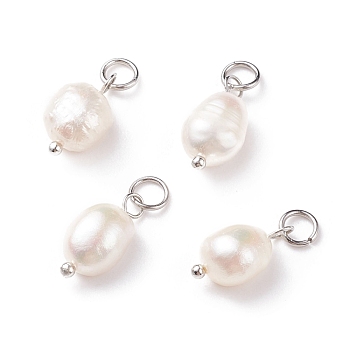 Grade B Natural Cultured Freshwater Pearl Charms, with 304 Stainless Steel Jump Rings, Polished Rice, Platinum, 13.5~15x7~7.5x5~6mm, Hole: 3.6mm
