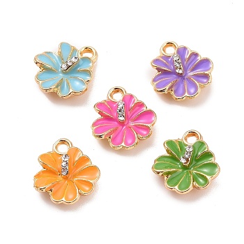 Alloy Enamel Pendants, with Rhinestone, Flower Charm, Golden, Mixed Color, 14x12.5x4mm, Hole: 2mm