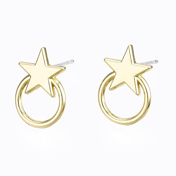 Alloy Stud Earring Findings, with Steel Pin, Star with Plastic Protective Cover, Light Gold, 13.5x9.5mm, Hole: 5.5x6.5mm, Pin: 0.7mm
